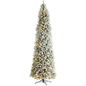 10' Slim Flocked Fir Artificial Christmas Tree with Warm White LED Lights and Bendable Branches