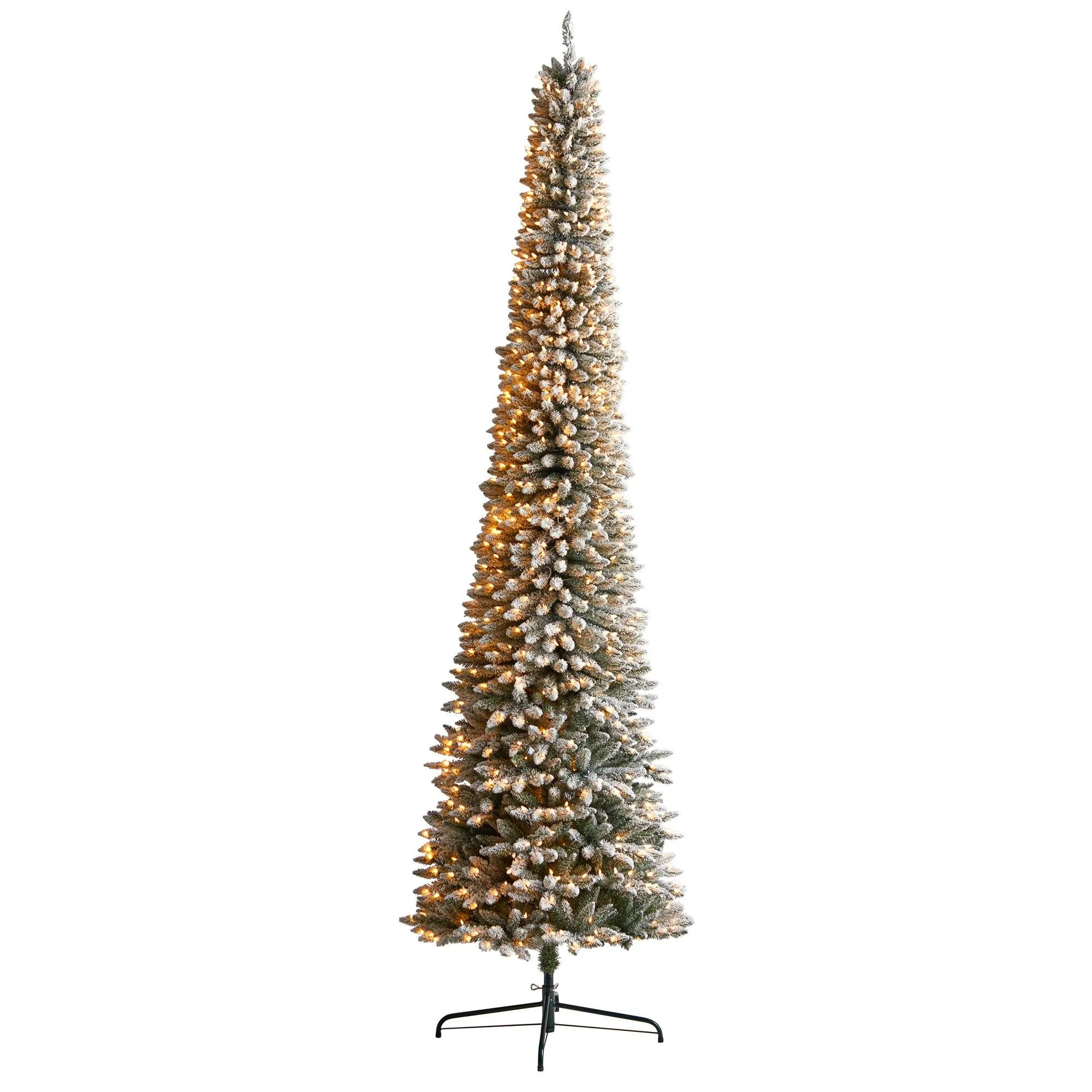 11’ Flocked Pencil Artificial Christmas Tree with 850 Clear Lights and 1435 Bendable Branches