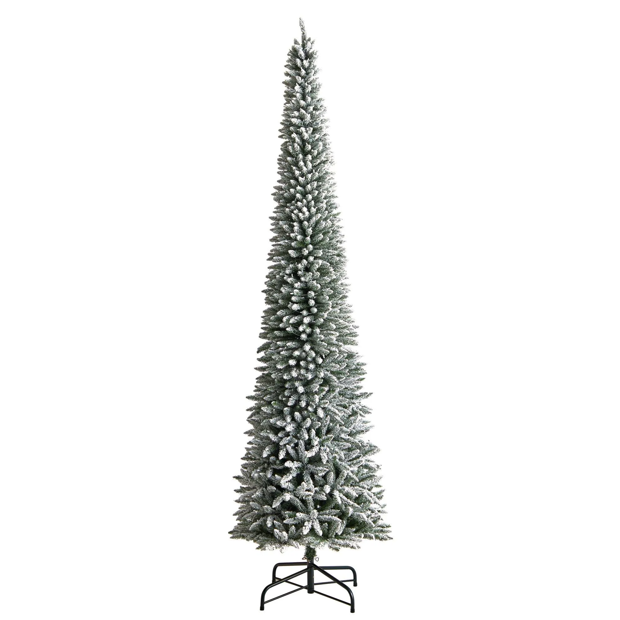 12’ Flocked Pencil Artificial Christmas Tree with 1000 Clear Lights and 1819 Bendable Branches