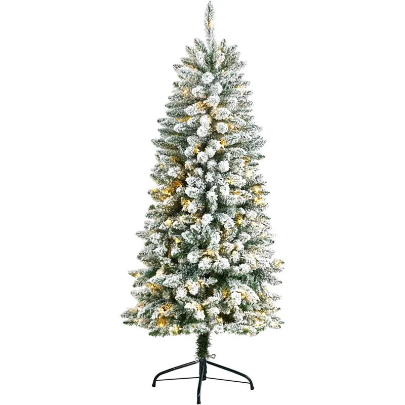 5' Slim Flocked Fir Artificial Christmas Tree with Warm White LED Lights and Bendable Branches