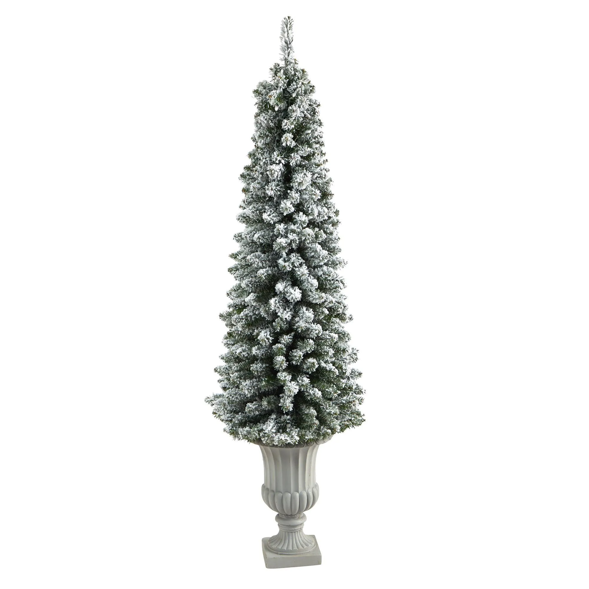 5.5’ Flocked Pencil Artificial Christmas Tree with 200 Clear Lights and 318 Bendable Branches in Decorative Urn