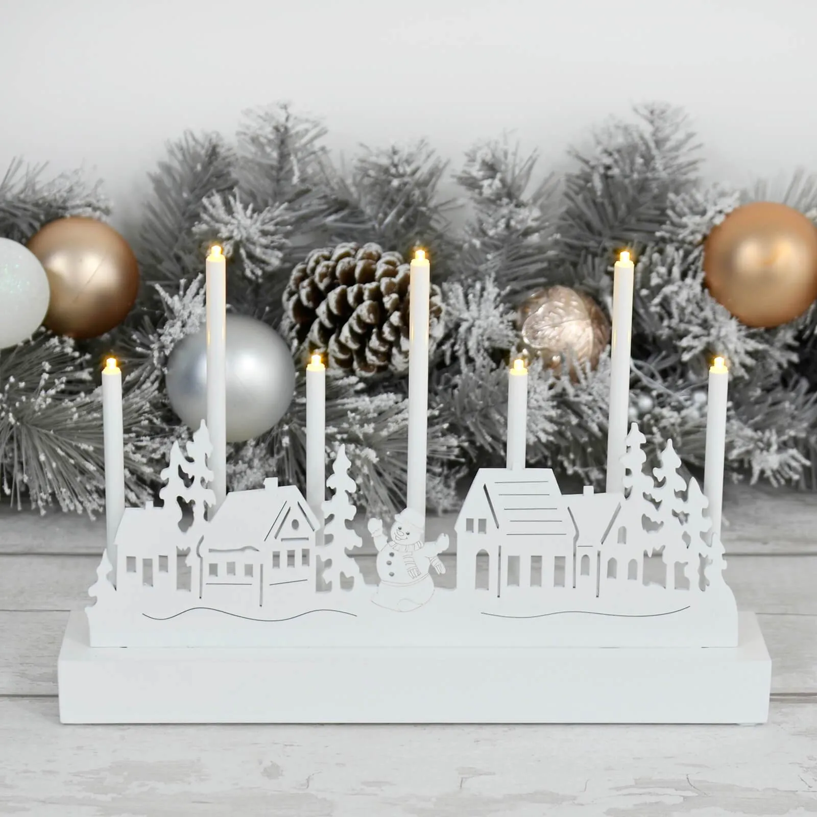 7 Light Christmas Candle Decoration White Silhouette Scene 32cm