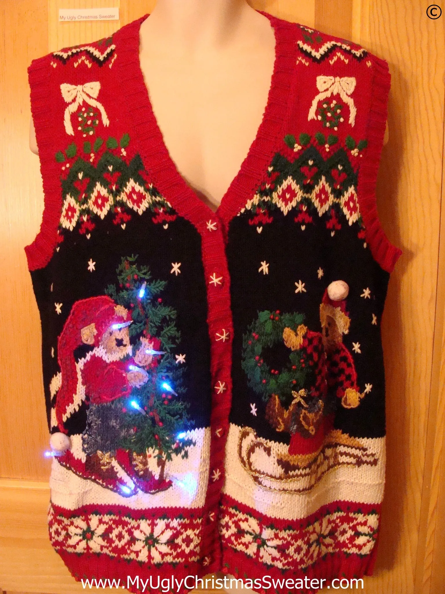 Bears Skiing and Sledding Christmas Sweater Vest with Lights (g289)