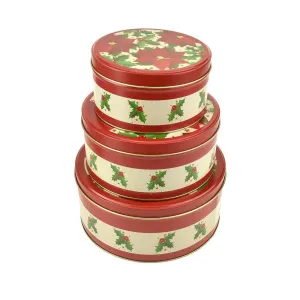 Christmas Cookie Tin Round Containers with Poinsettias and Holly, 3 Size, Red/White