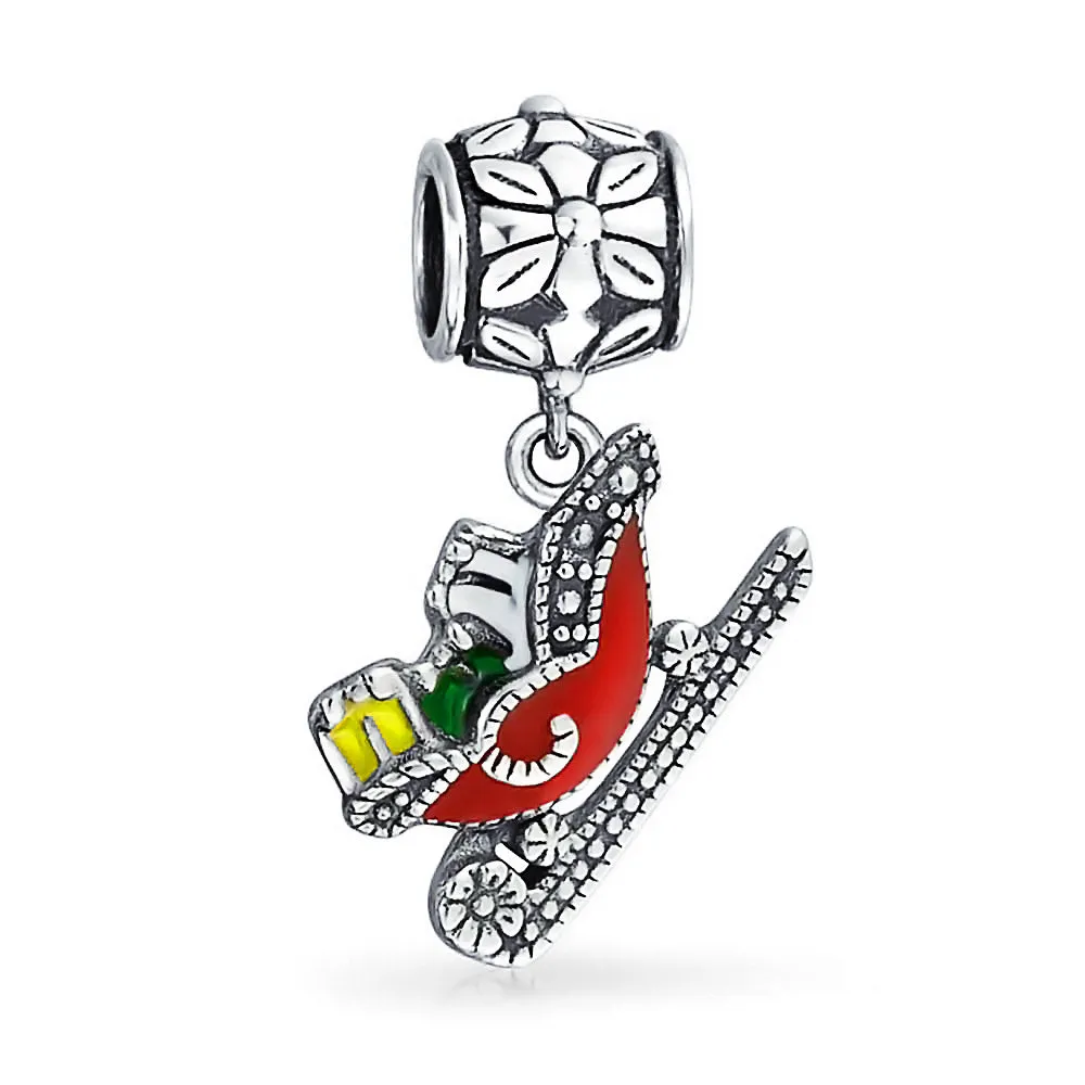 Christmas Tree Snowman, Red Hat Santa Claus & Sled Charm Bead Enamel .925 Silver