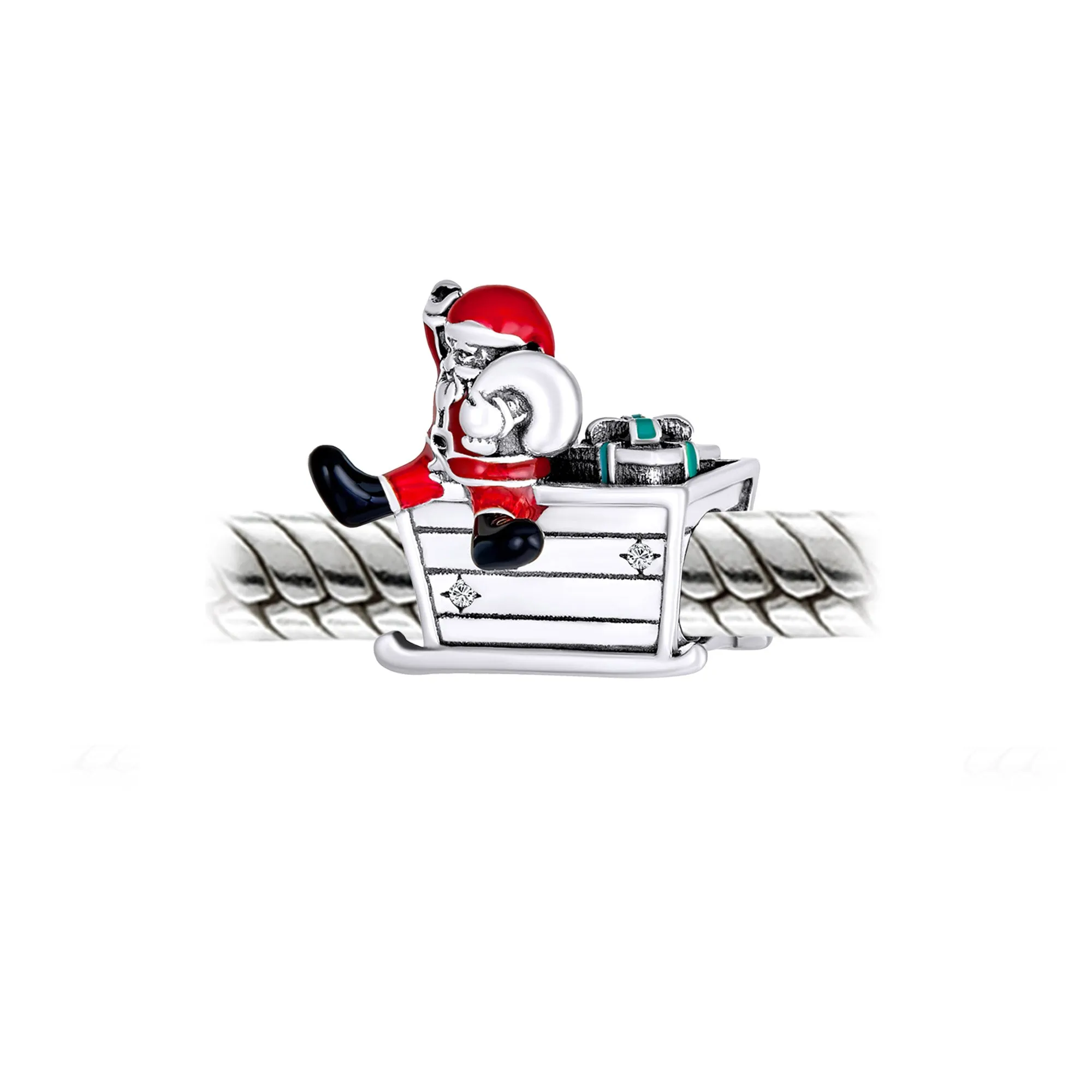 Christmas Tree Snowman, Red Hat Santa Claus & Sled Charm Bead Enamel .925 Silver