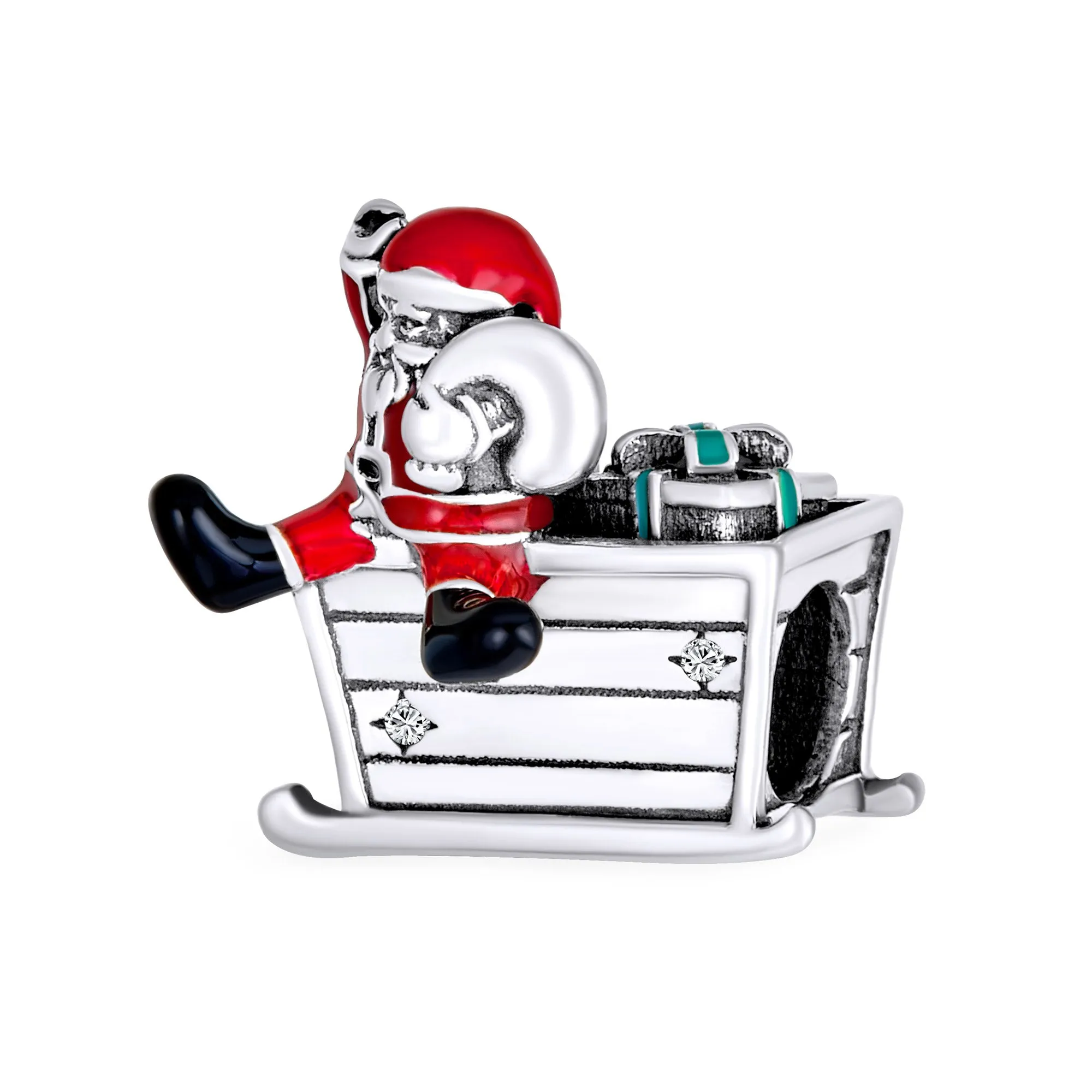 Christmas Tree Snowman, Red Hat Santa Claus & Sled Charm Bead Enamel .925 Silver