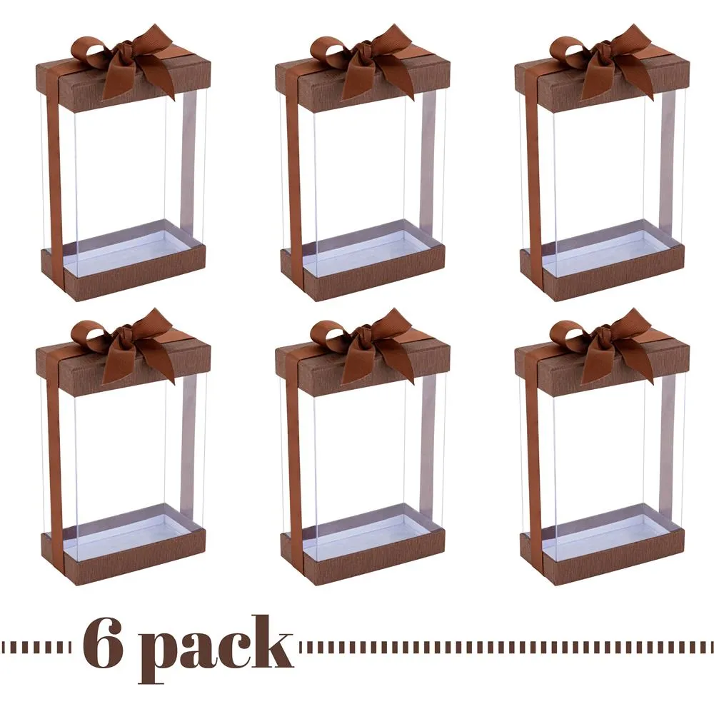 Clear Brown 7x5x3" Gift Boxes 6 Pack Bakery Boxes With Base Lid & Ribbon