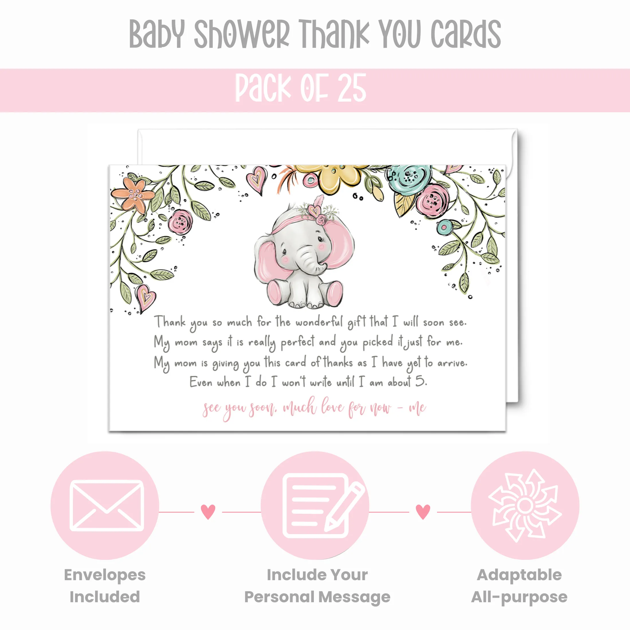 Cottage Elephant Baby Shower Thank You Cards for Girls – Personalized Notecards (Pack of 25)