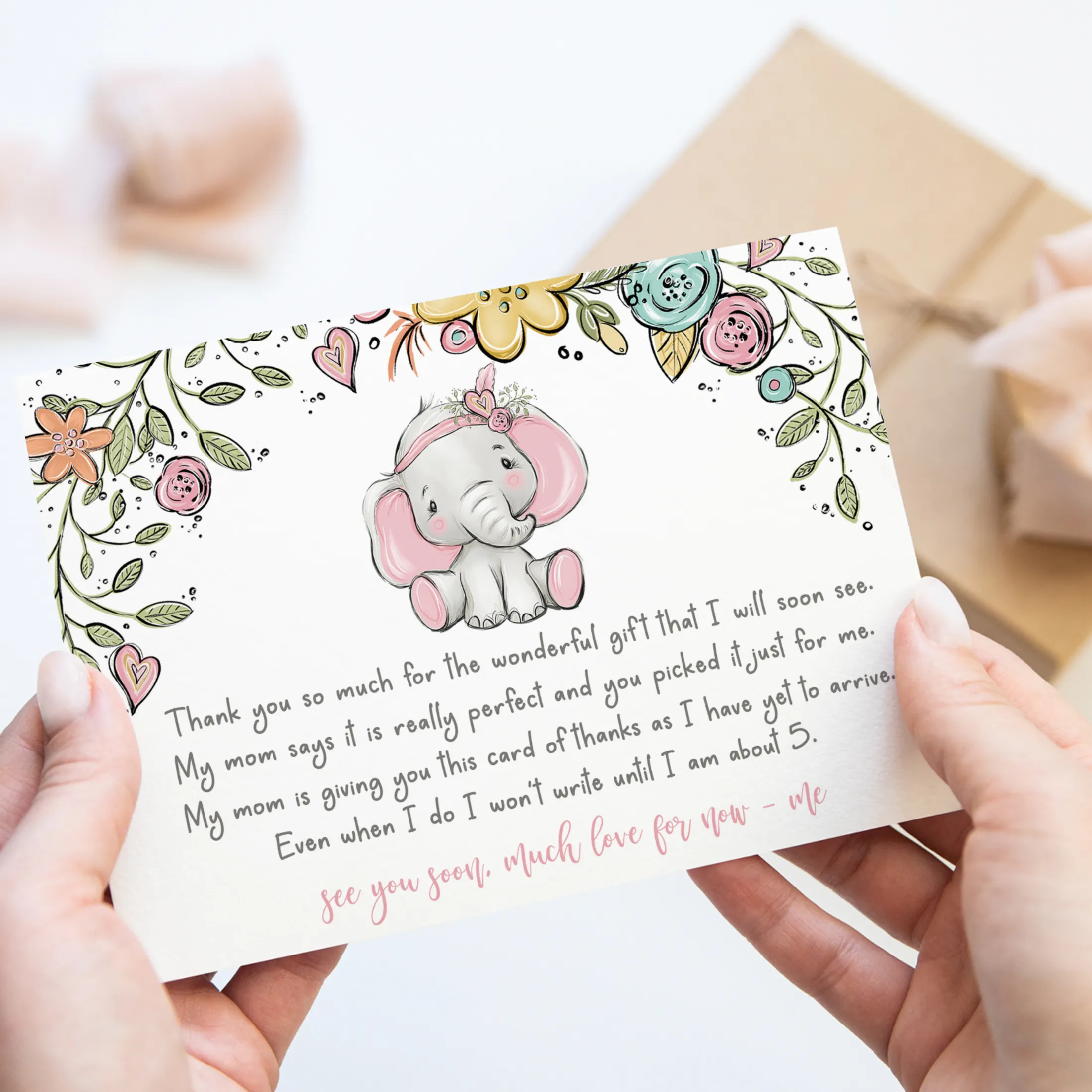 Cottage Elephant Baby Shower Thank You Cards for Girls – Personalized Notecards (Pack of 25)