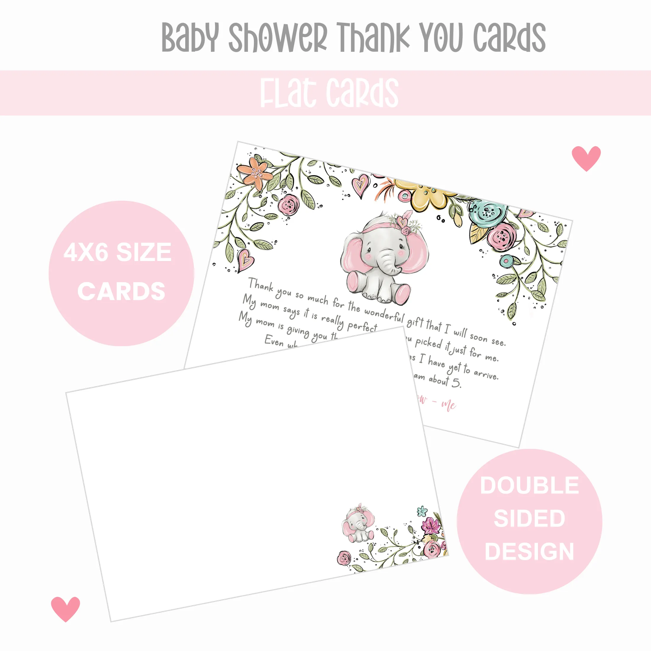 Cottage Elephant Baby Shower Thank You Cards for Girls – Personalized Notecards (Pack of 25)