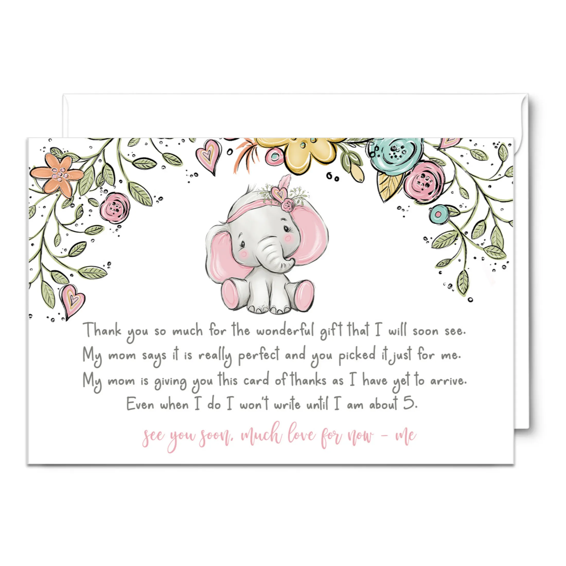 Cottage Elephant Baby Shower Thank You Cards for Girls – Personalized Notecards (Pack of 25)