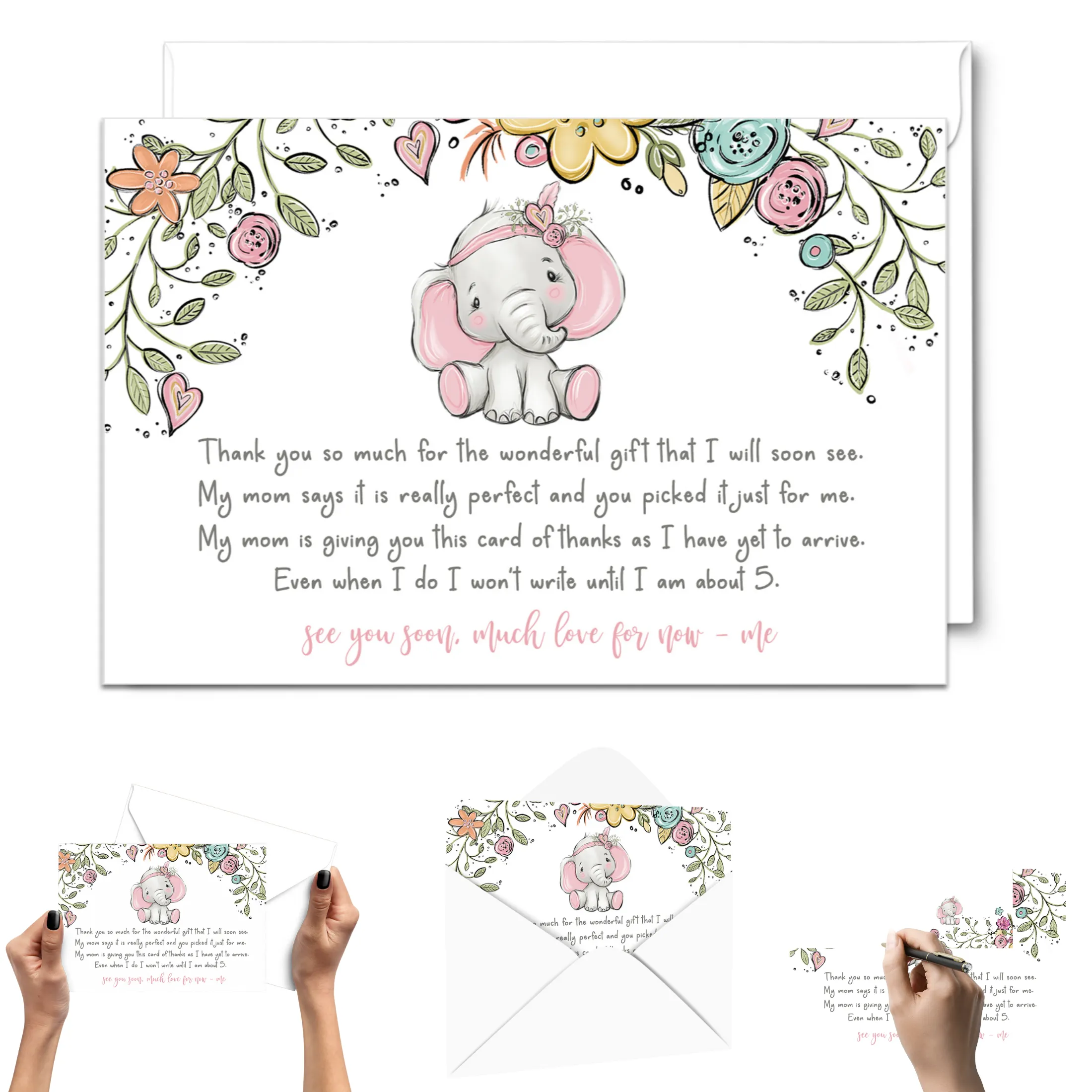 Cottage Elephant Baby Shower Thank You Cards for Girls – Personalized Notecards (Pack of 25)