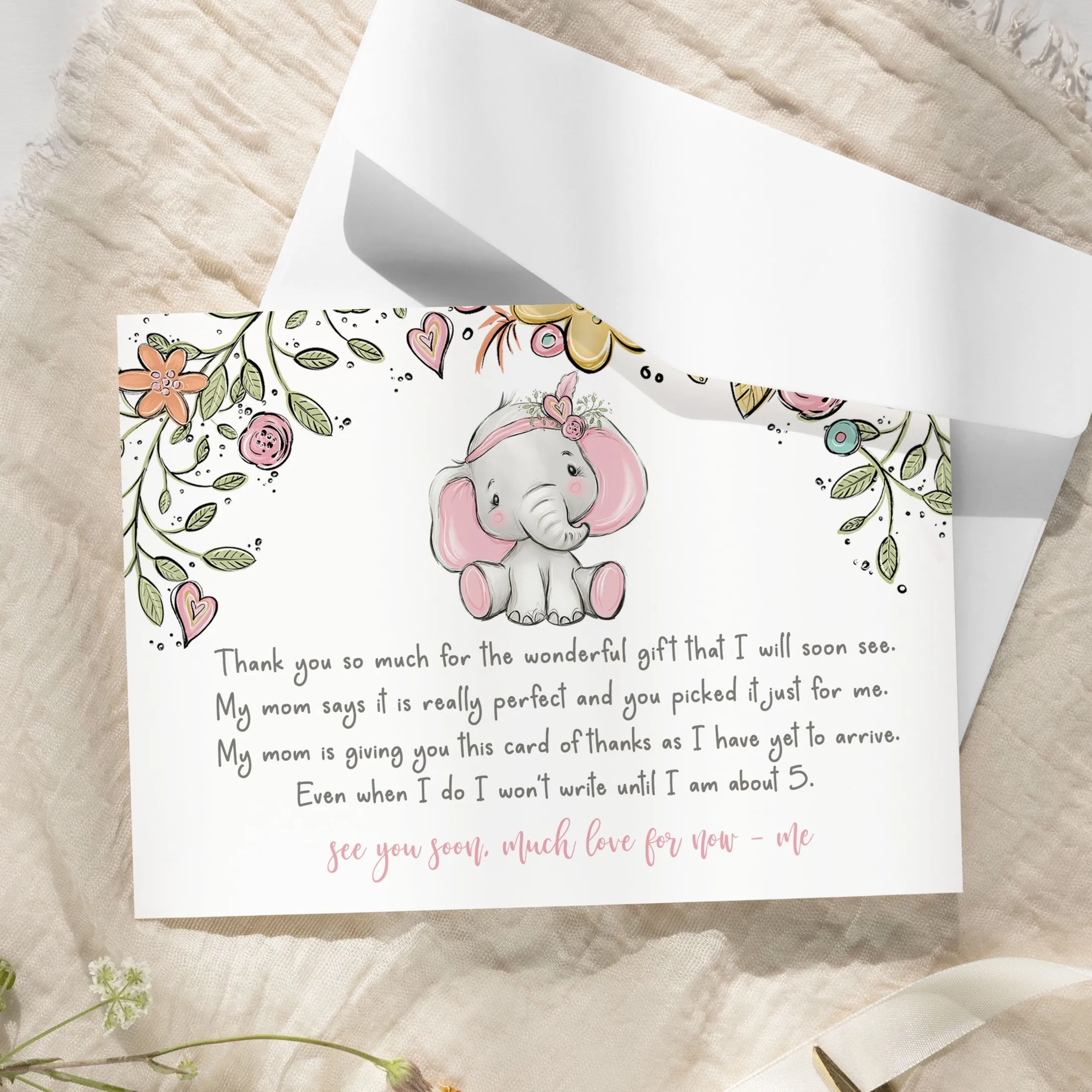 Cottage Elephant Baby Shower Thank You Cards for Girls – Personalized Notecards (Pack of 25)