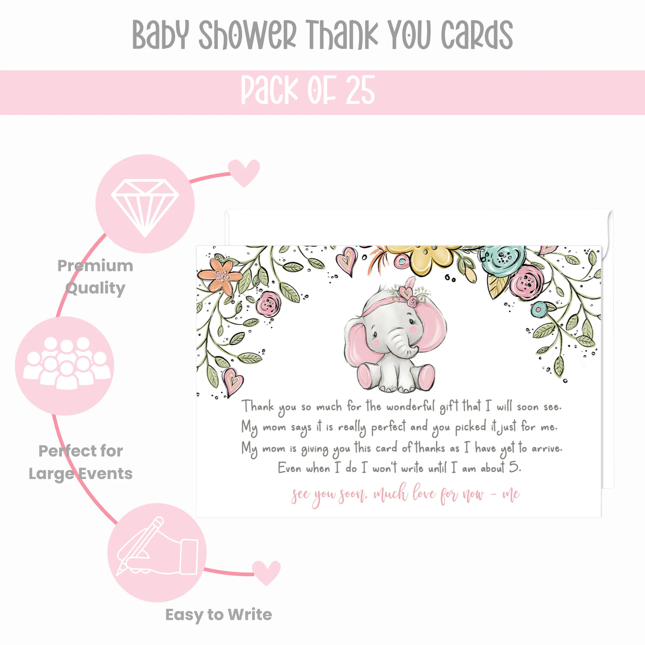 Cottage Elephant Baby Shower Thank You Cards for Girls – Personalized Notecards (Pack of 25)