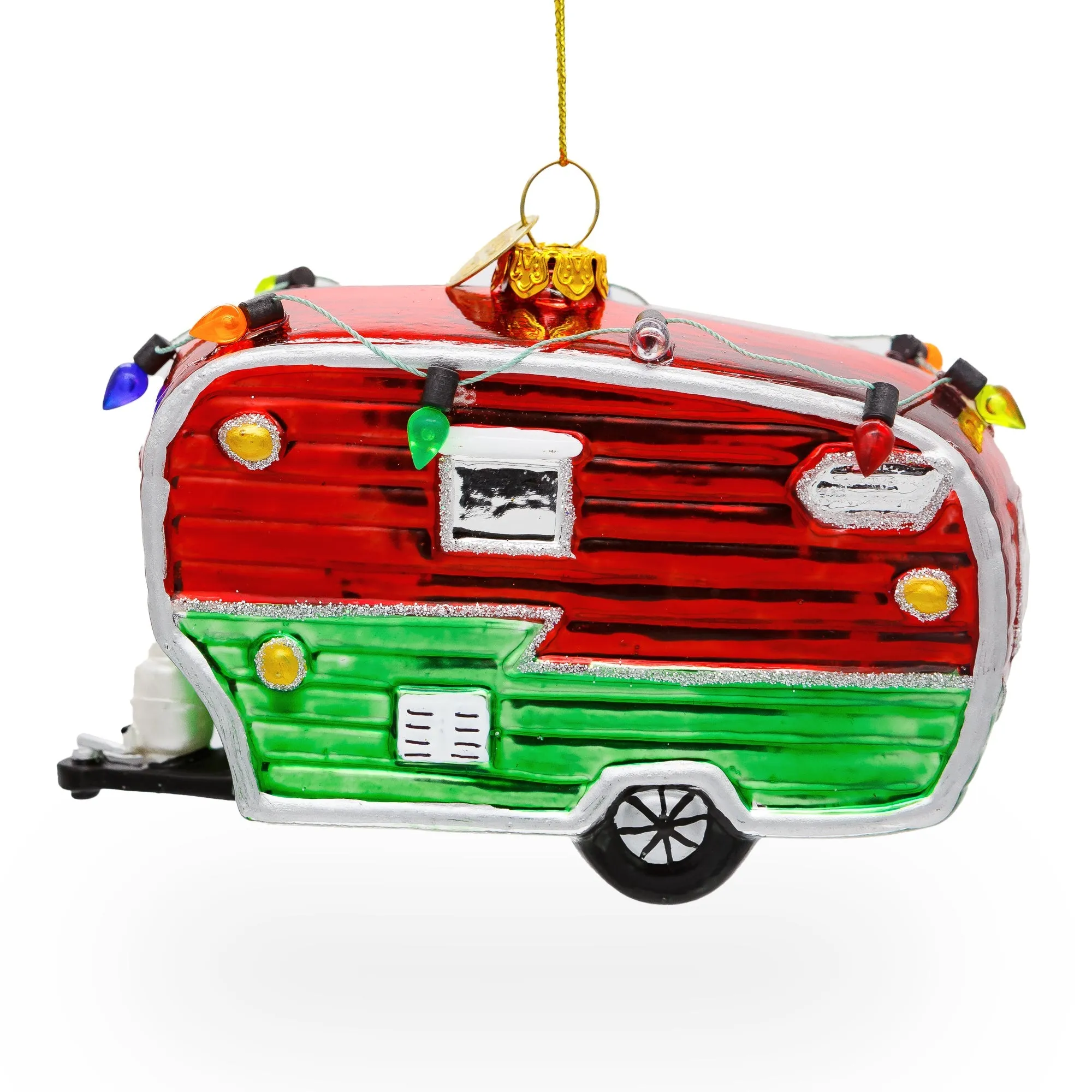 Festive Camper Trailer With Lights - Blown Glass Christmas Ornament