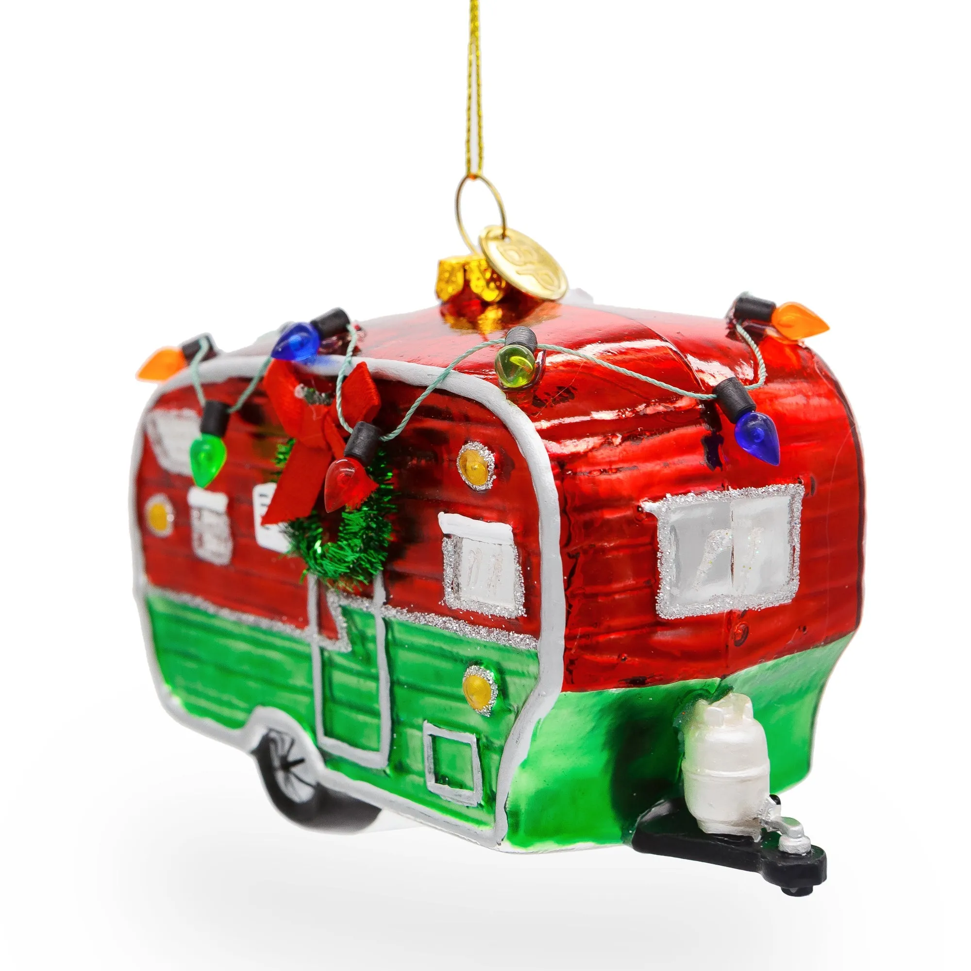 Festive Camper Trailer With Lights - Blown Glass Christmas Ornament