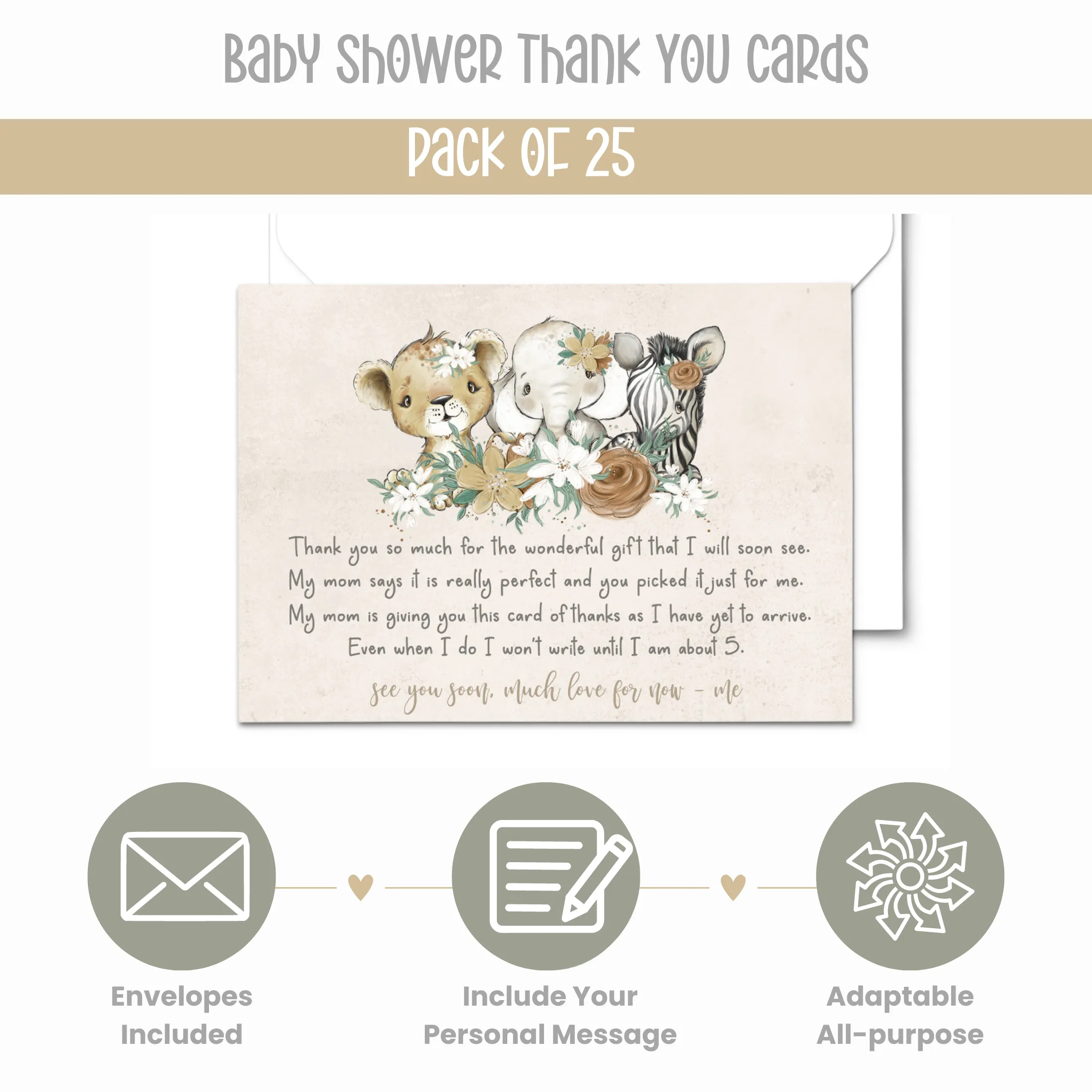 Flora Jungle Baby Shower Thank You Cards for Girls – Notecards with Envelopes (Pack of 25)