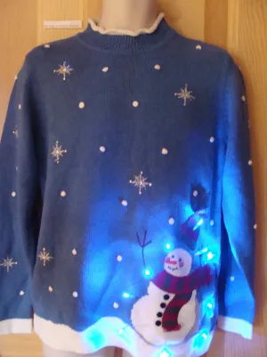 Funny Blue Christmas Sweater with Lights Snowman