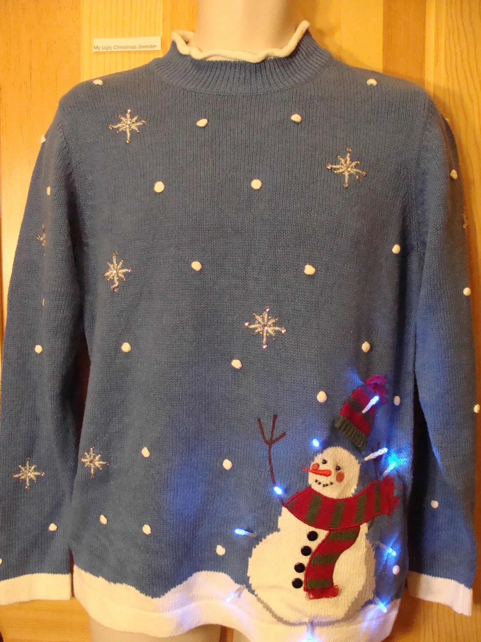 Funny Blue Christmas Sweater with Lights Snowman