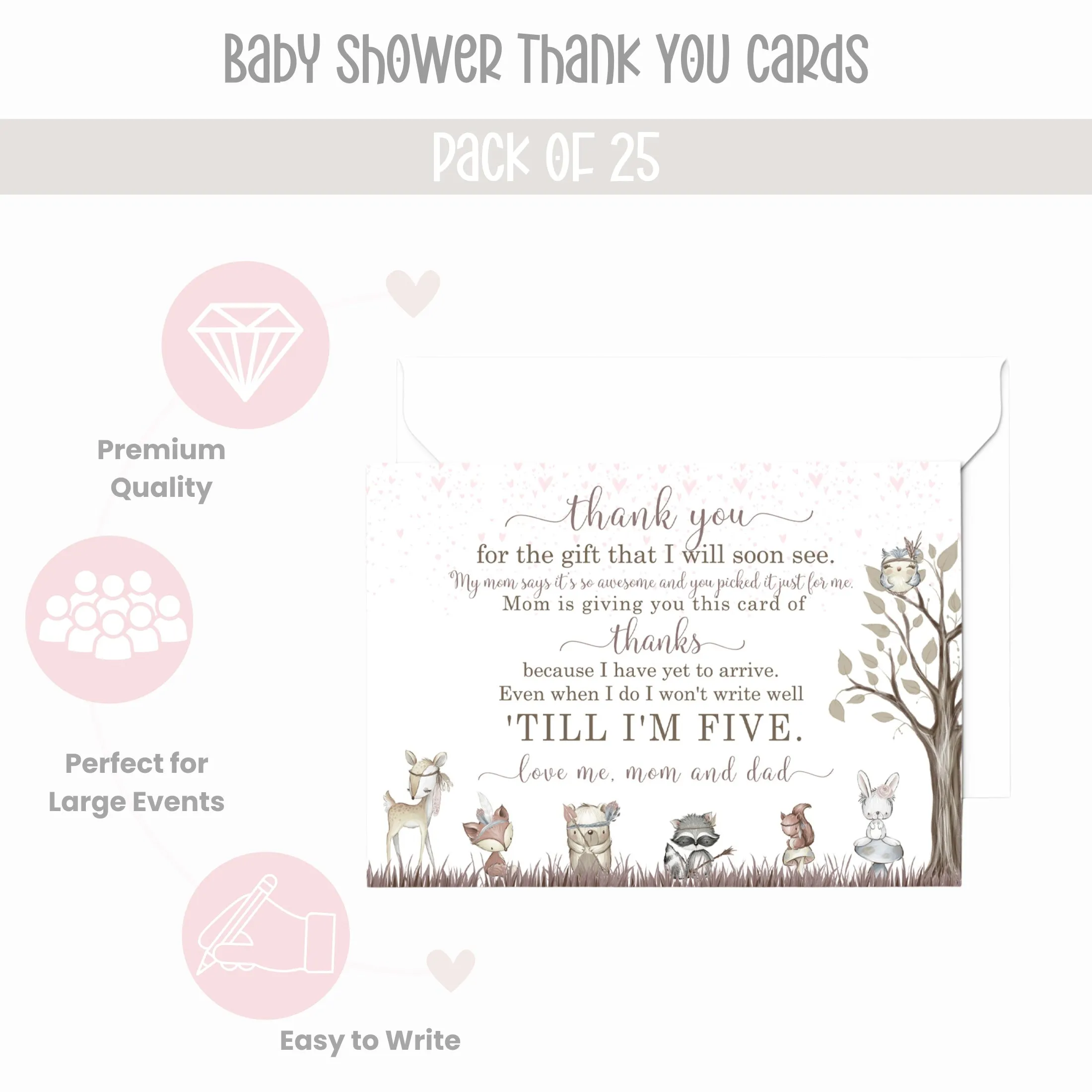 Girls Woodland Baby Shower Thank You Cards – Notecards with Envelopes (Pack of 25)