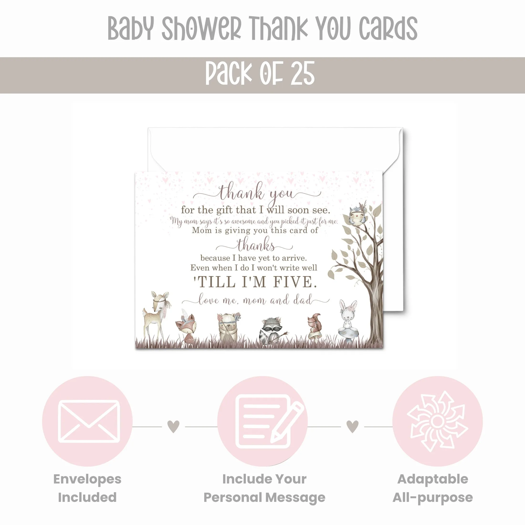 Girls Woodland Baby Shower Thank You Cards – Notecards with Envelopes (Pack of 25)