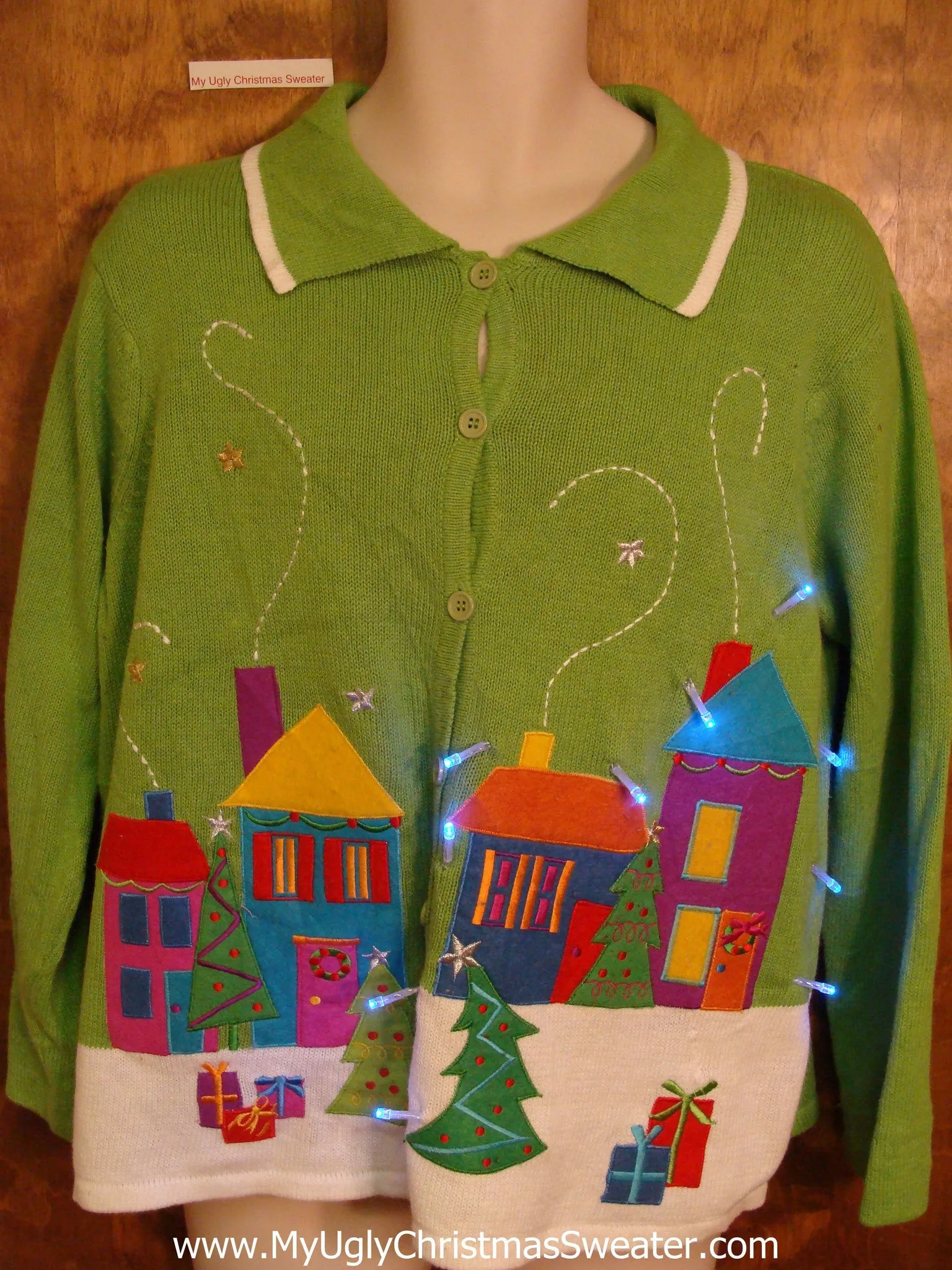 Green Colorful Town Tacky Xmas Sweater with Lights