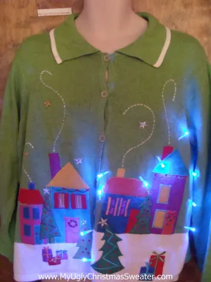 Green Colorful Town Tacky Xmas Sweater with Lights