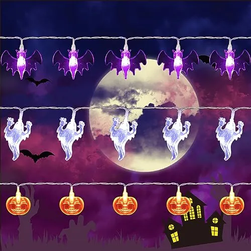 Halloween String Lights - Total 90 LED 35.4ft - Battery Operated - Purple Bat, White Ghost, Orange Pumpkin String Lights - 3 Pack