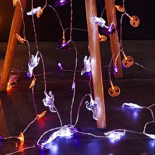 Halloween String Lights - Total 90 LED 35.4ft - Battery Operated - Purple Bat, White Ghost, Orange Pumpkin String Lights - 3 Pack