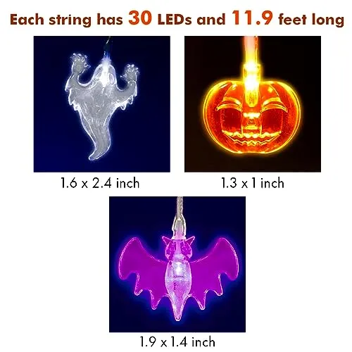 Halloween String Lights - Total 90 LED 35.4ft - Battery Operated - Purple Bat, White Ghost, Orange Pumpkin String Lights - 3 Pack