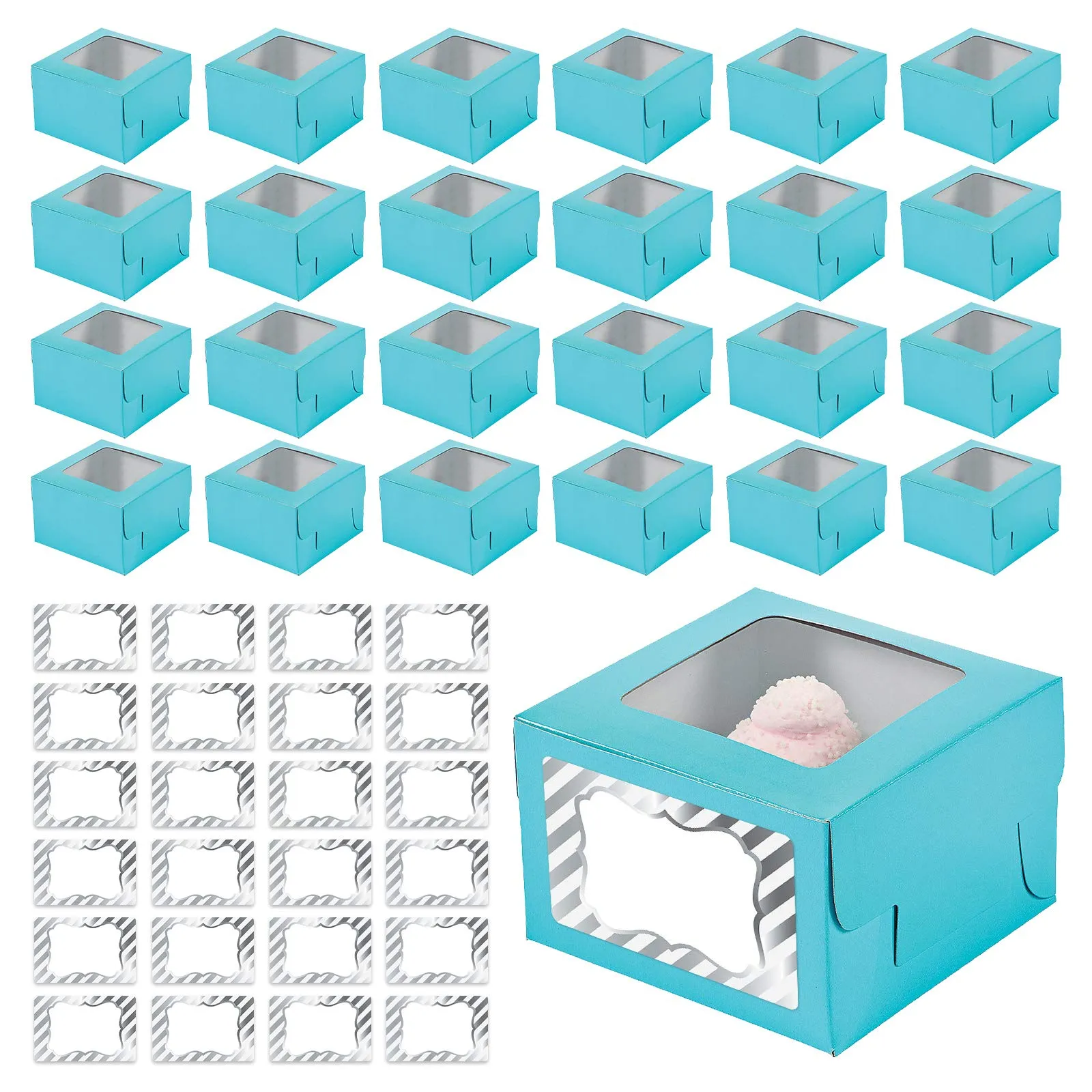 Light Blue Cupcake Boxes with Sticker Labels - Individual Single Cupcake Boxes with Insert Holders & Silver and White Foil Stickers - 24 Count (Pale Blue) 4 1/2" x 3" x 4 1/2"