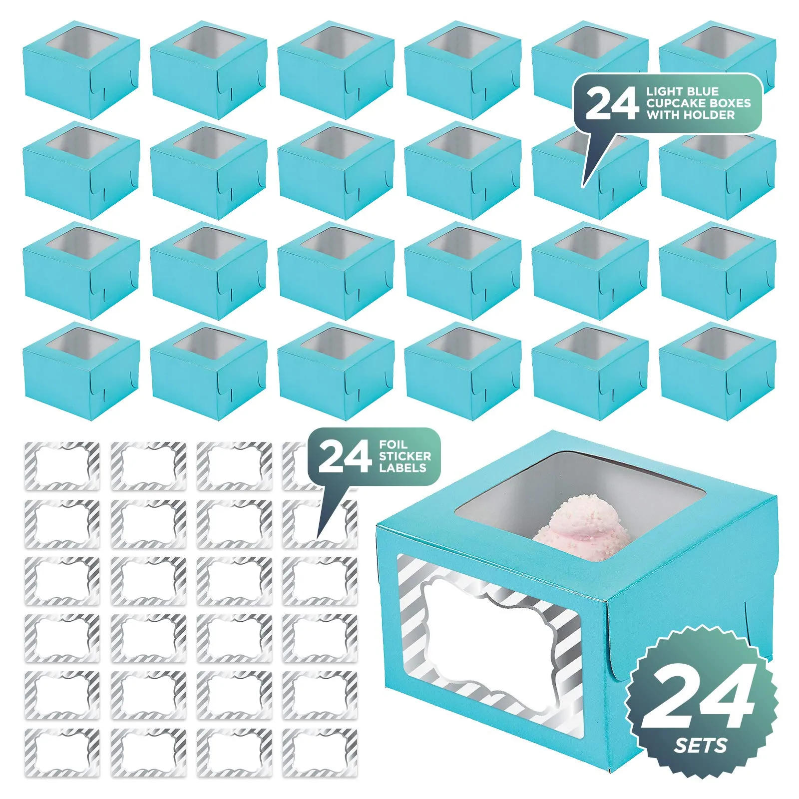 Light Blue Cupcake Boxes with Sticker Labels - Individual Single Cupcake Boxes with Insert Holders & Silver and White Foil Stickers - 24 Count (Pale Blue) 4 1/2" x 3" x 4 1/2"