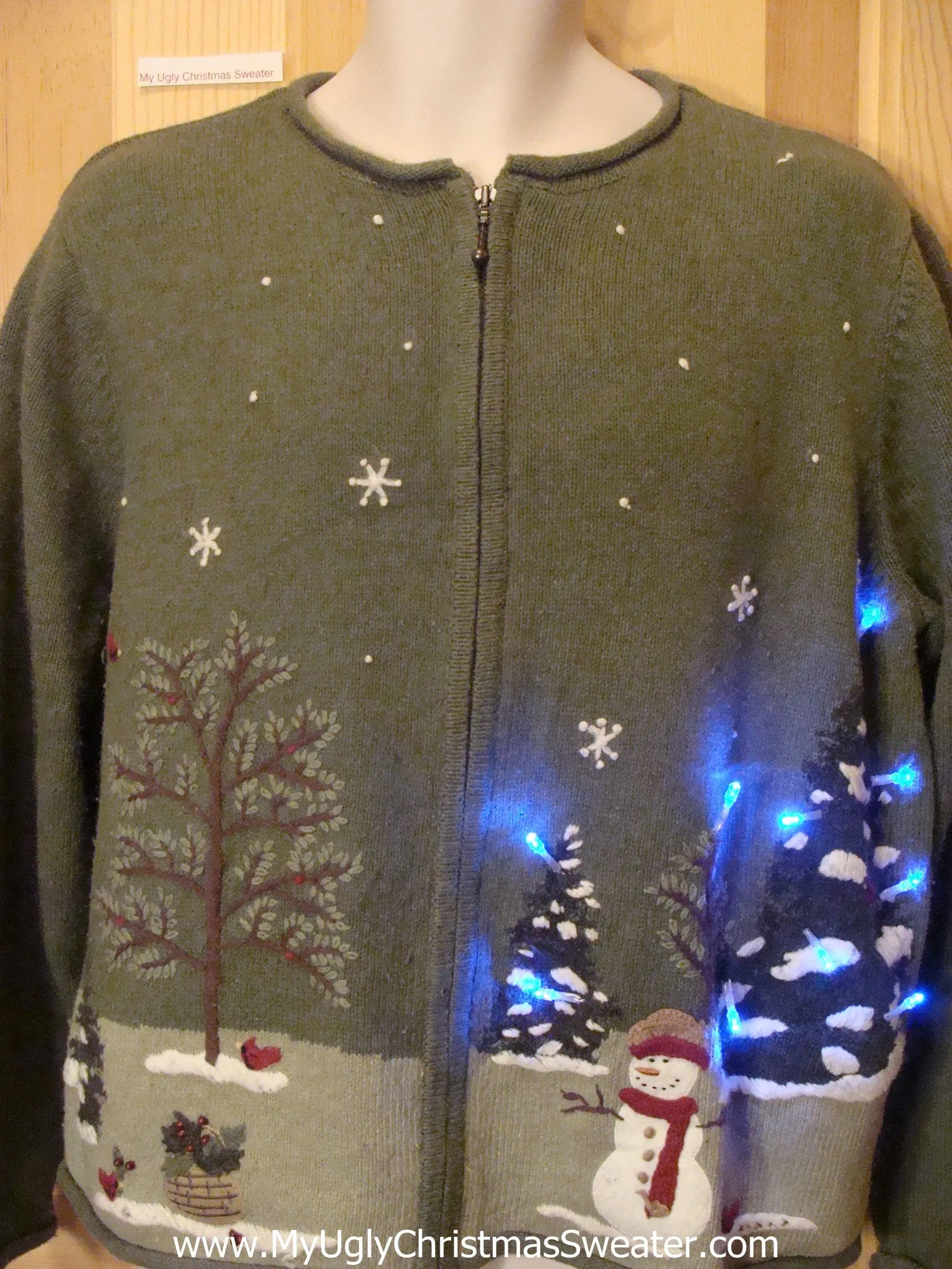 Light Up Christmas Sweater Green Zip with Winter Scene