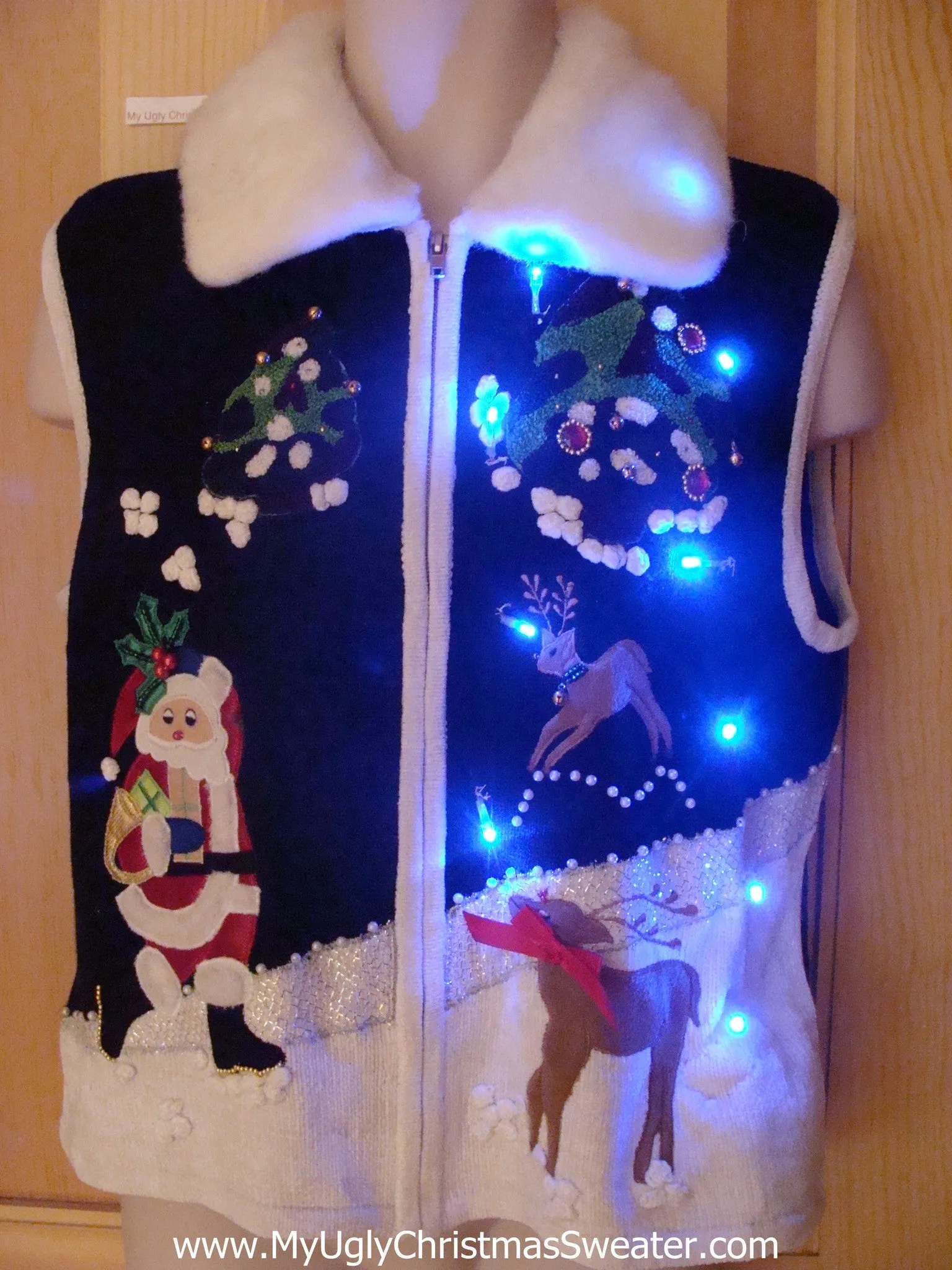 Light Up Ugly Xmas Sweater Vest Santa Reindeer Massive Furry Collar