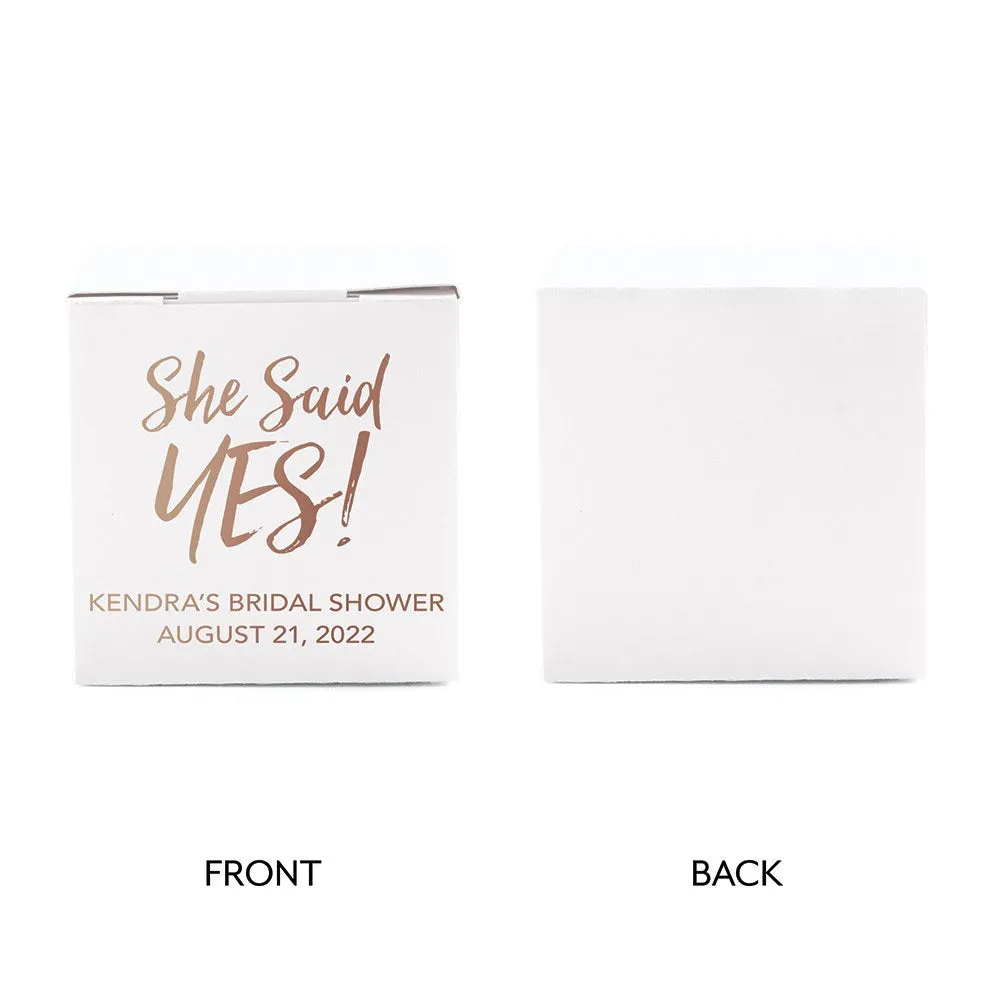 MINI CUSTOM FOIL PRINTED SQUARE PAPER FAVOR BOXES - She said YES!