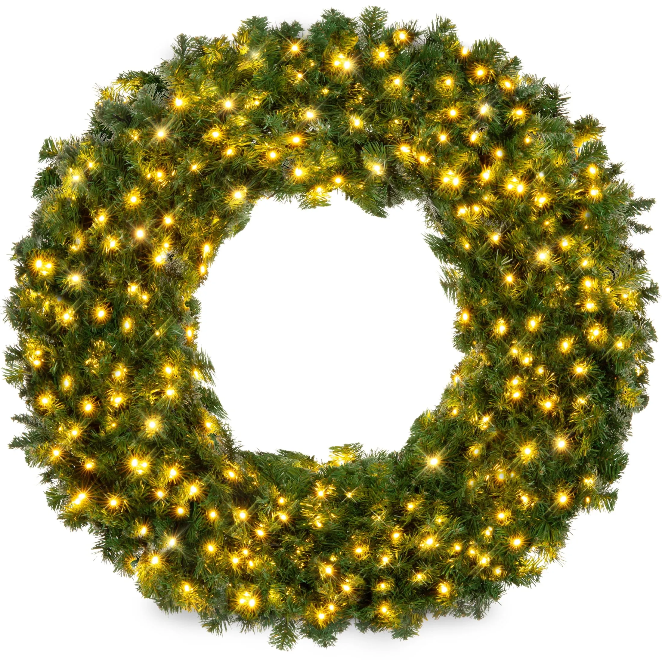 modern 60in Artificial Pre-Lit Fir Christmas Wreath Decoration w/ 300 LED Lights, 930 Tips, Power Plug-In 30' 30'