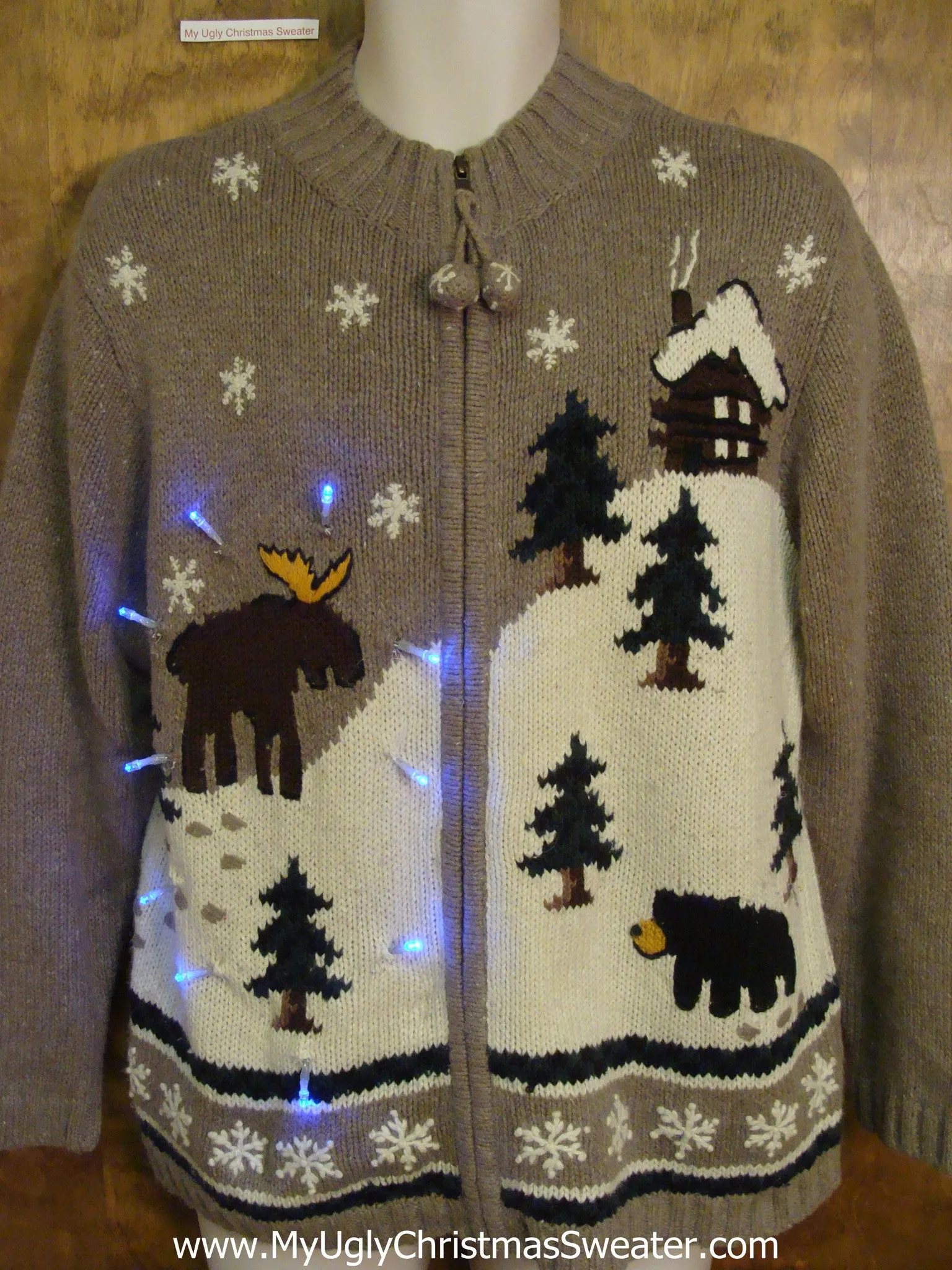 Moose and Cabin Winter Themed Light Up Ugly Xmas Sweater