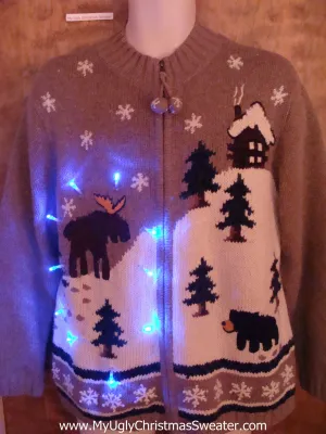 Moose and Cabin Winter Themed Light Up Ugly Xmas Sweater