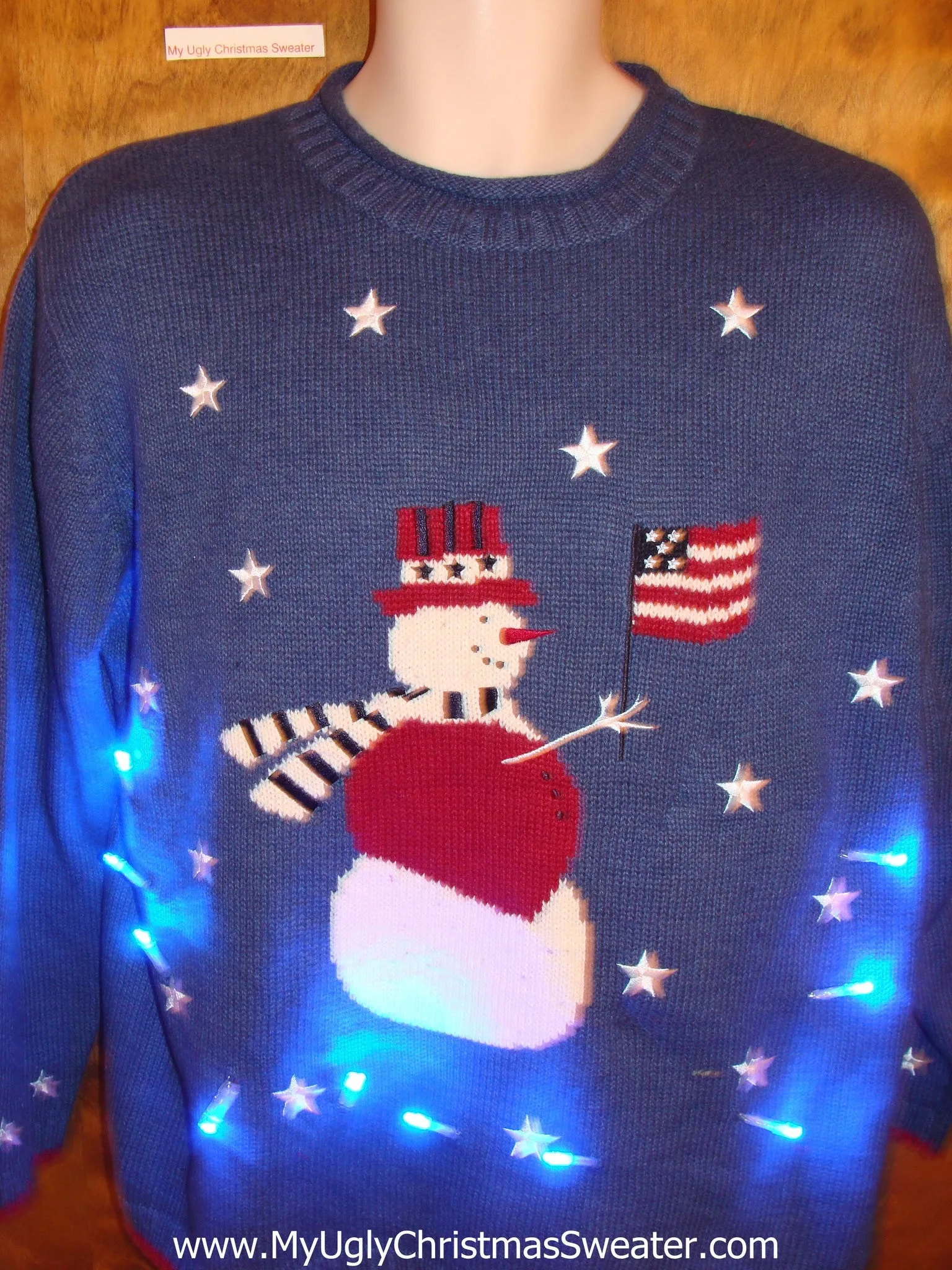 Patriotic Snowman with Flag Light Up Ugly Christmas Jumper