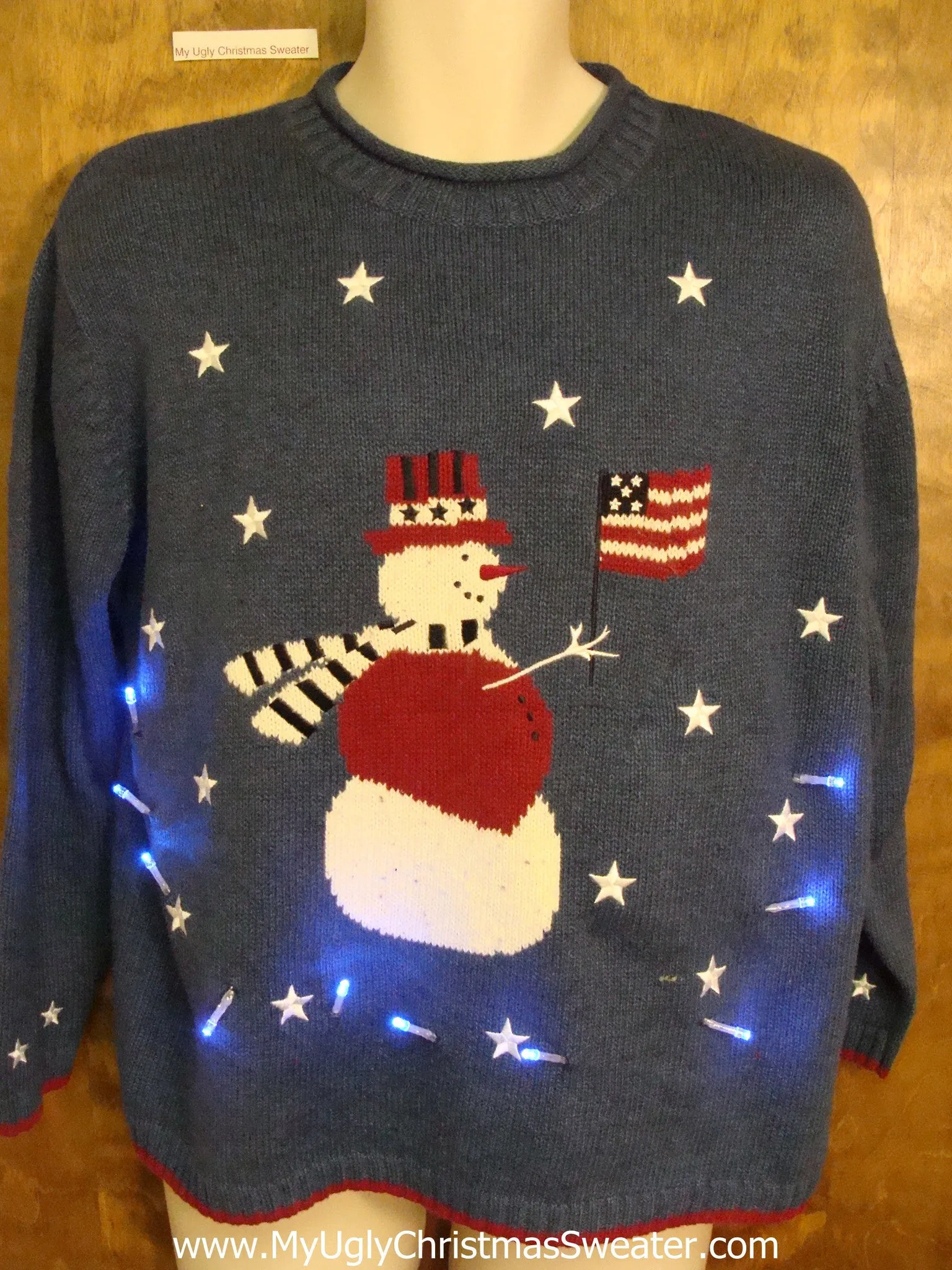 Patriotic Snowman with Flag Light Up Ugly Christmas Jumper