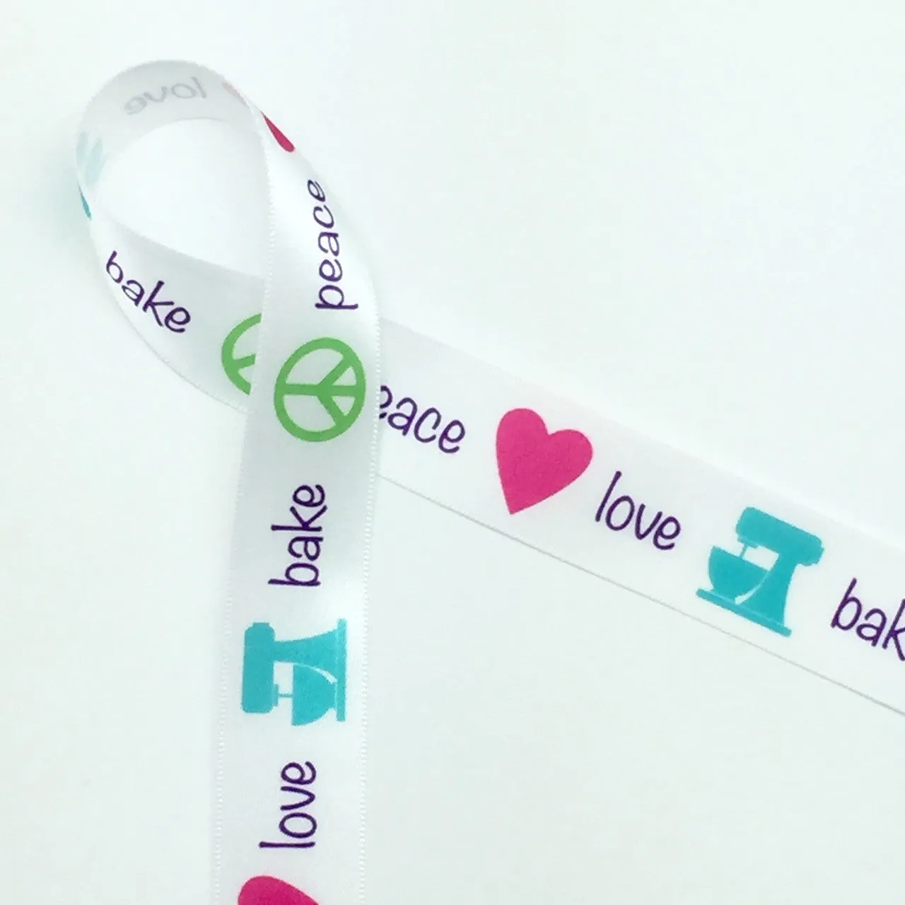 Peace, Love, Bake Ribbon in purple, pink, teal and lime on 7/8" white single face satin, 10Yards