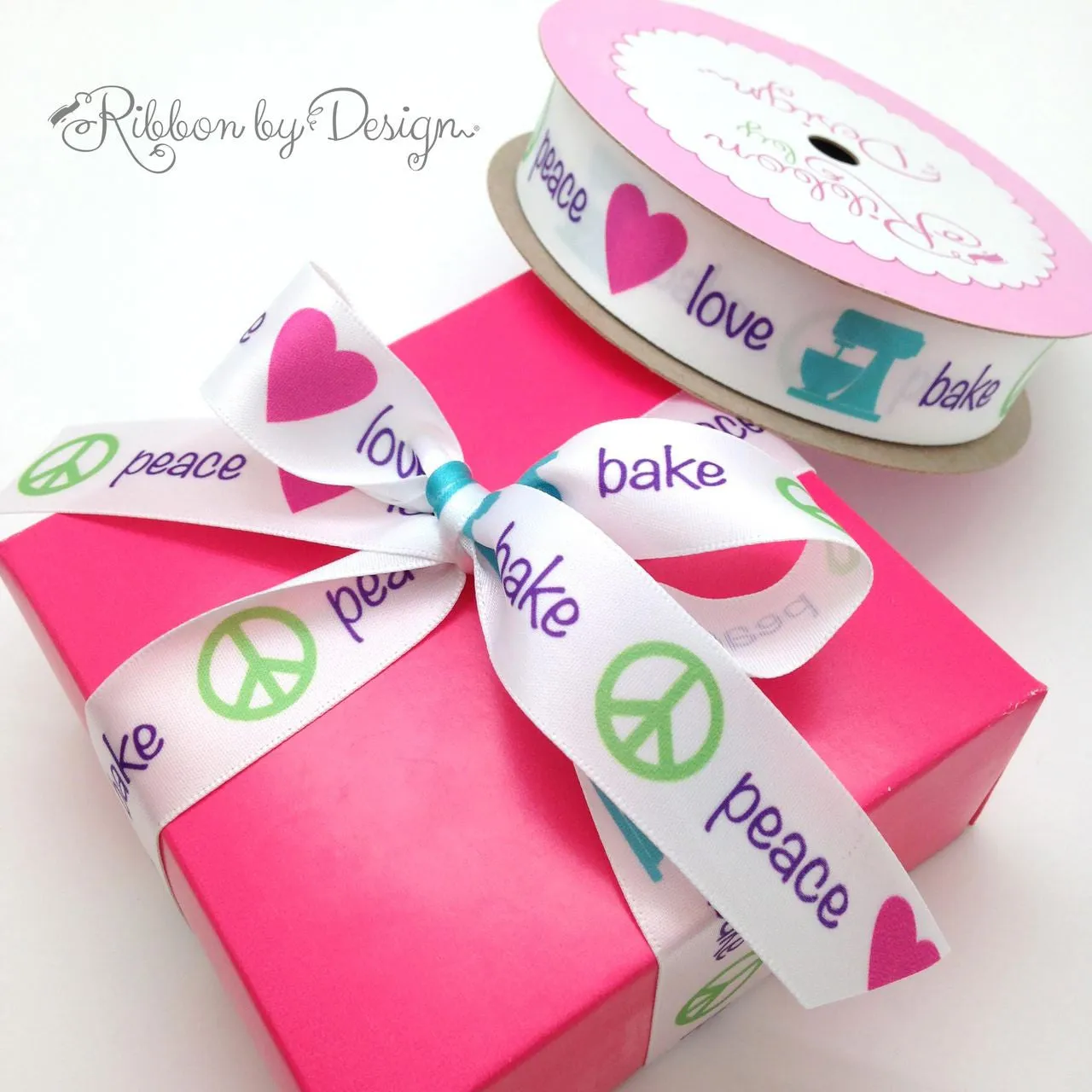 Peace, Love, Bake Ribbon in purple, pink, teal and lime on 7/8" white single face satin, 10Yards