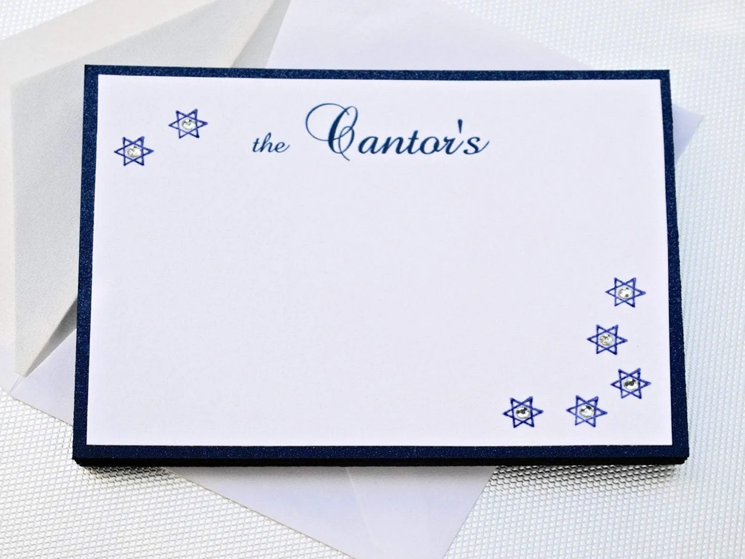 Personalized Stationery, Set of 8 Holiday Inspired Star of David Notecards Embossed with Crystals, 5 1/2 x 4 1/4", Special Requests Welcome