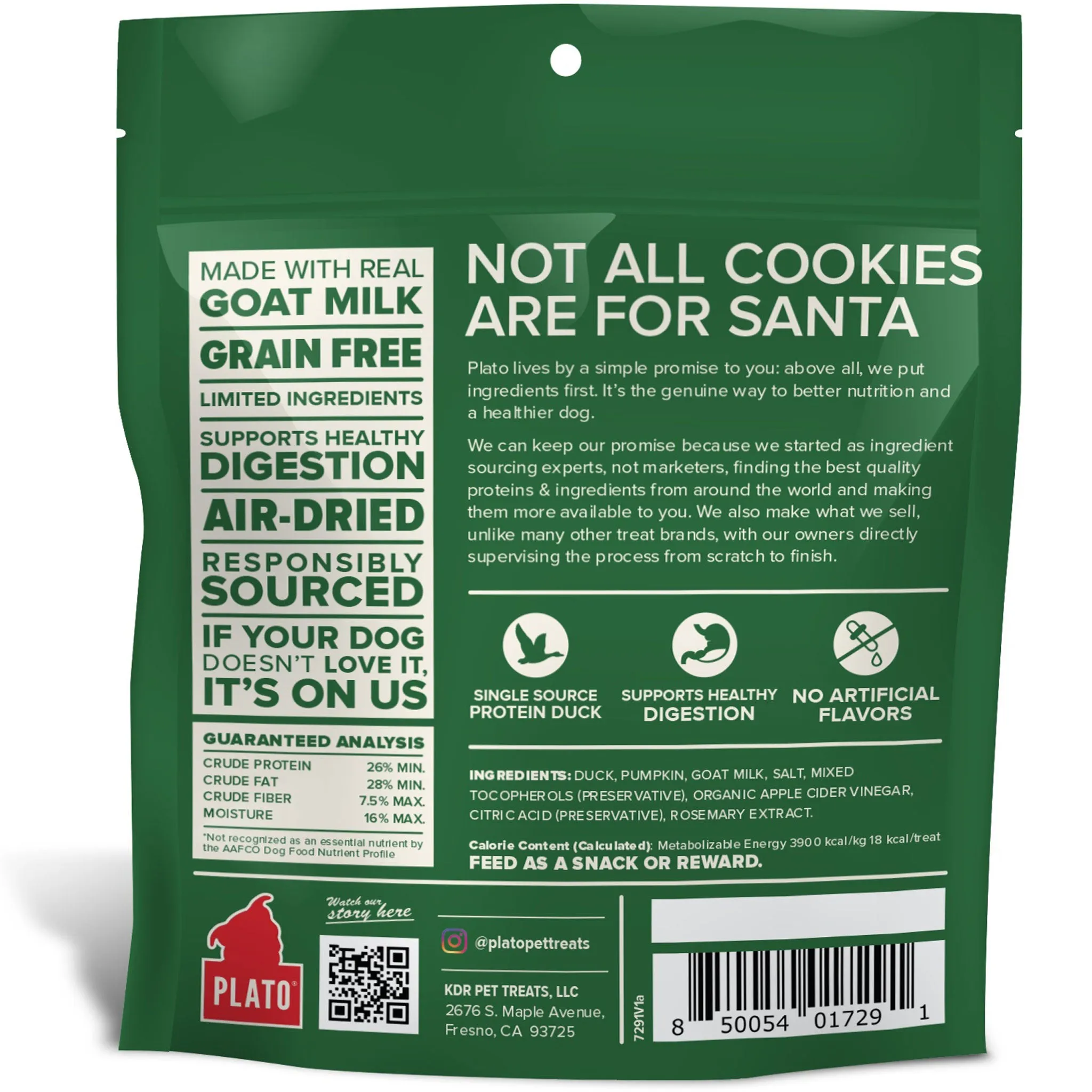 Plato Santa's Goat Milk Cookies Duck Dog Treats 4 oz