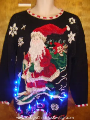 Unique Light-Up Christmas Sweater Featuring Santa Skiing - Rare Find!