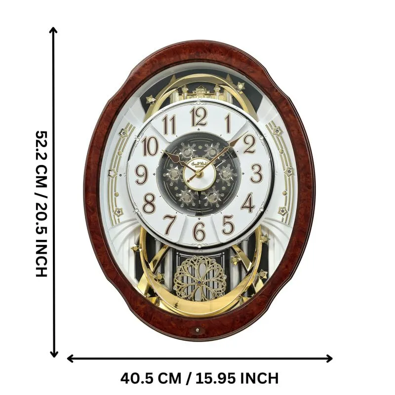 RHYTHM Stylish Brown Oval Shaped Woodgrain Wooden Case Melodies in Motion Hourly Chime Rotating Pendulum Showpiece Wall Clock for Living Room Home Decor Office Gifts (Size: 40.5 x 12.3 x 52.2 CM)