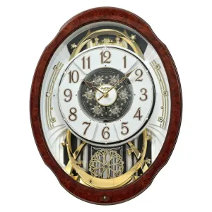 RHYTHM Stylish Brown Oval Shaped Woodgrain Wooden Case Melodies in Motion Hourly Chime Rotating Pendulum Showpiece Wall Clock for Living Room Home Decor Office Gifts (Size: 40.5 x 12.3 x 52.2 CM)