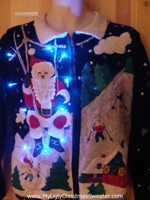 Skiing Santa Funny Light Up Christmas Sweater