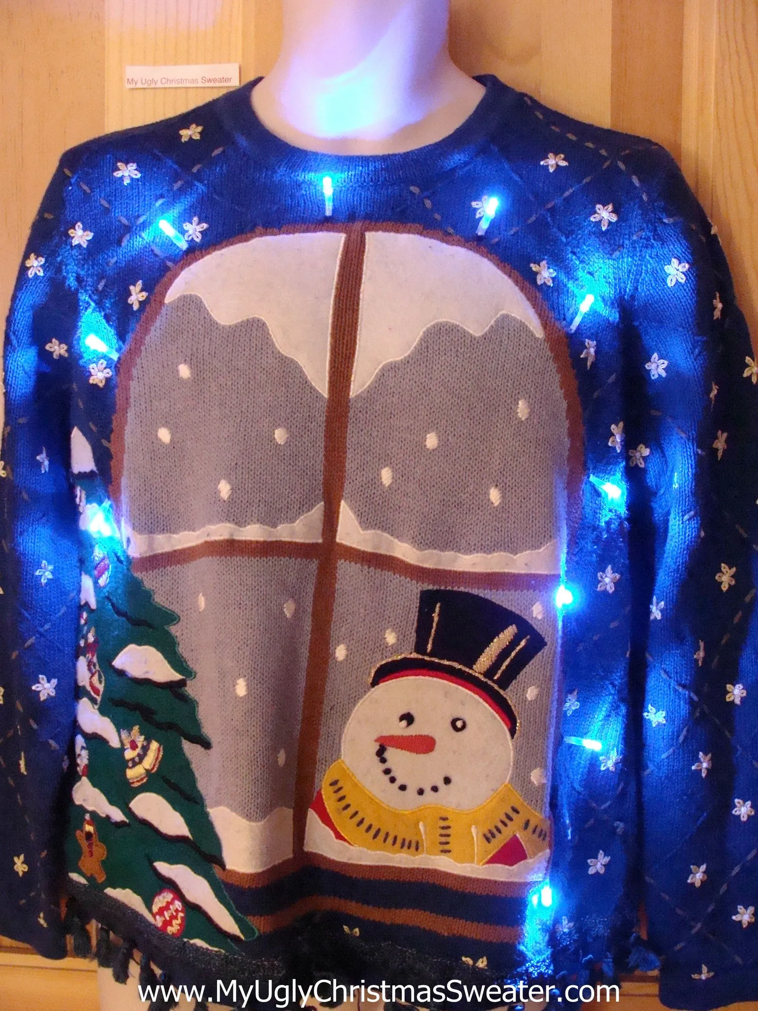 Snowman at Window Light Up Ugly Christmas Sweater